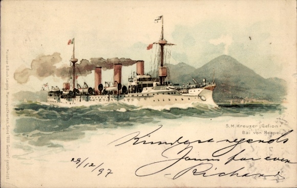 Kunstenaar litho Bohrdt, Hans, Napoli Napels Campania, Duits oorlogsschip, SMS Gefion, kruiser