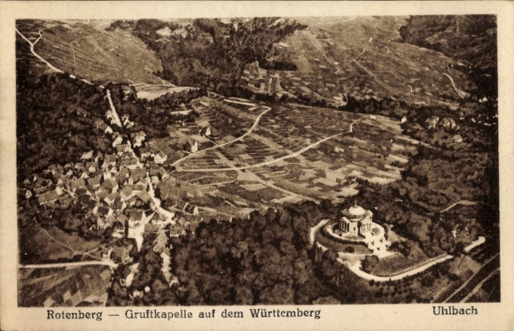 Postcard Uhlbach Stuttgart am Neckar, aerial view of Rotenberg, crypt chapel, vineyards