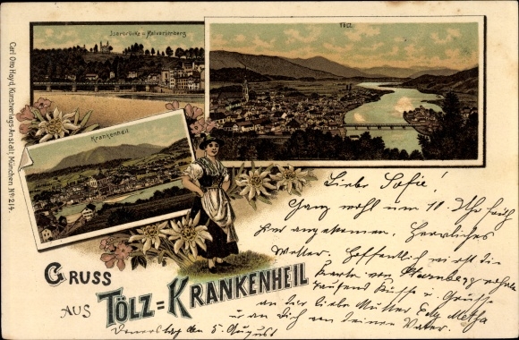 Chromo-Litho Krankenheil Bad Tölz in the Isar valley Upper Bavaria, Isar bridge and Calvary