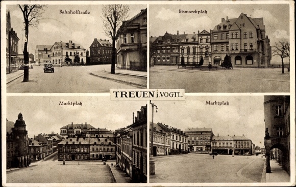 Postcard Treuen in the Vogtland, Bahnhofstrasse, Bismarckplatz, Marktplatz
