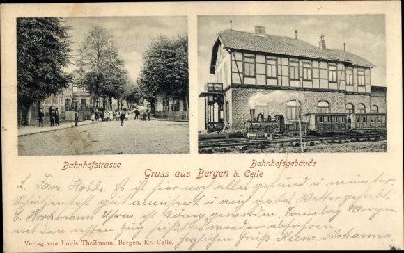 Ak Bergen in der Lüneburger Heide, Bahnhofstraße, Bahnhofsgebäude, Dampflok