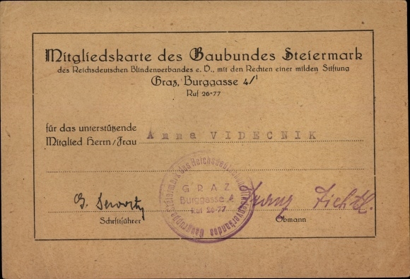 PC Graz Styria, membership card Gaubund Styria of the Reich German Blind Association
