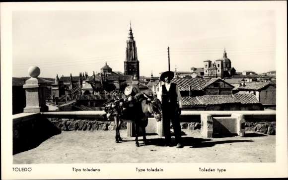 Postcard Toledo Kastilien La Mancha Spain, Tipo toledano, panoramic terrace, man with donkey, church tower