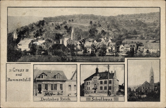 Postcard Bammental in Baden, Inn Deutsches Reich, school building, church, total view