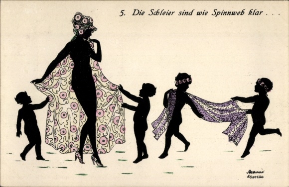 Scherenschnitt Künstler Ak Grosze, M., Schleier sind wie Spinnweb klar..., Kinder, Frau