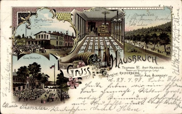 Chromo-Litho Hamburg Harburg Hausbruch, Hotel Reiherberg, Bes. Aug. Albrecht, Chaussee, Forest, Hall