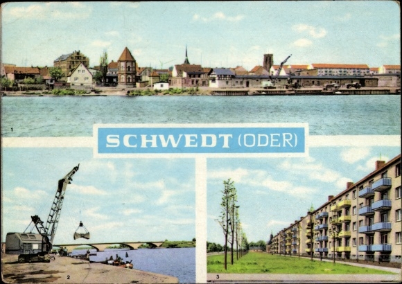 Postcard Schwedt on the Oder, city bridge, Leninallee, settlement