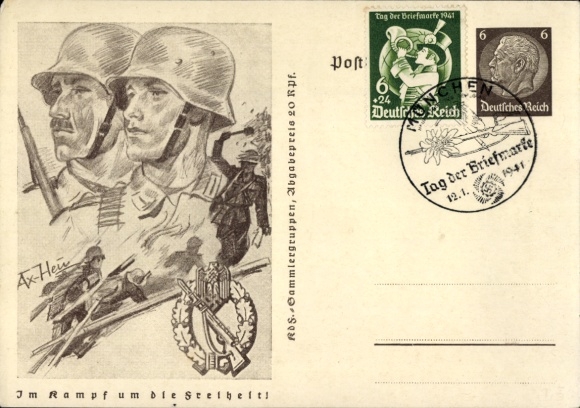 Postal stationery artist Postcard v. Axster Heudtlaß, W., In the fight for freedom, Wehrmacht, hand grenade
