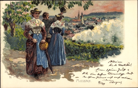 Litho Miesbach in de regio Oberland van Opper-Beieren, gezicht op de plaats, man, vrouw in klederdracht