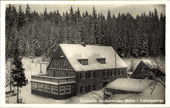 PC Weißenstadt in the valley of the Eger Fichtelgebirge, restaurant Weißenhaider Mühle, winter