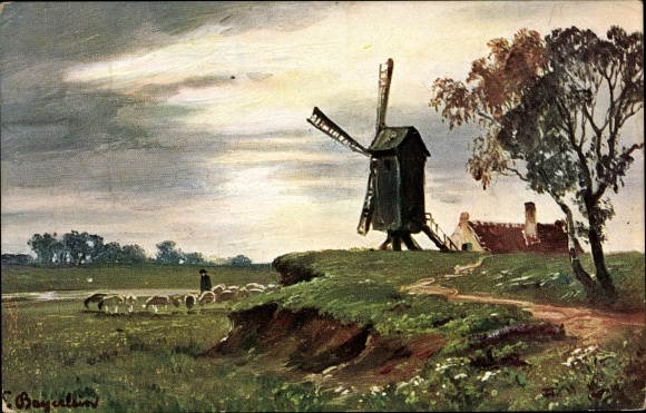 Artist Postcard Landscape with windmill and flock of sheep