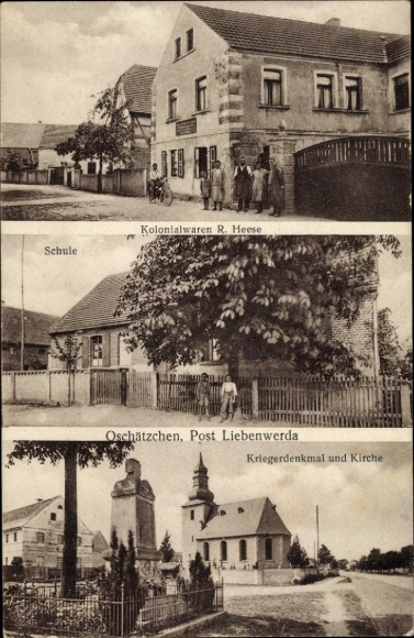 Ak Oschätzchen Bad Liebenwerda in Brandenburg, Kolonialwarenhandlung, Denkmal, Kirche