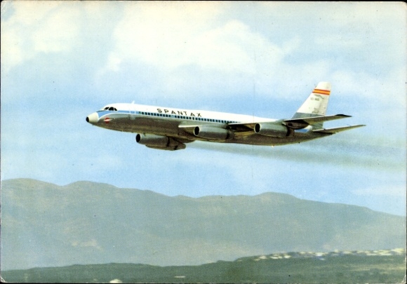 Postcard Spanish passenger aircraft of Spantax, Convair CV 990 A Coronado