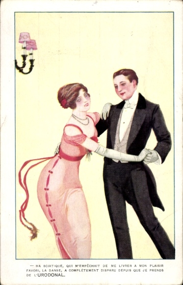 Postcard dancing couple, advertising, urodonal