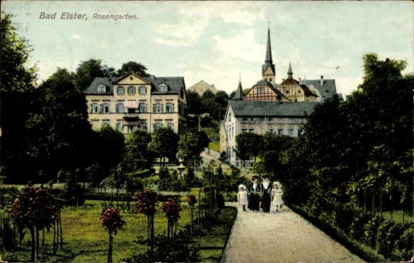 Postcard Bad Elster in Vogtland, rose garden, building, garden landscape, walkers
