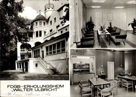 Postcard Ostseebad Koserow on Usedom, FDGB convalescent home Walter Ulbricht, exterior view, reception hall