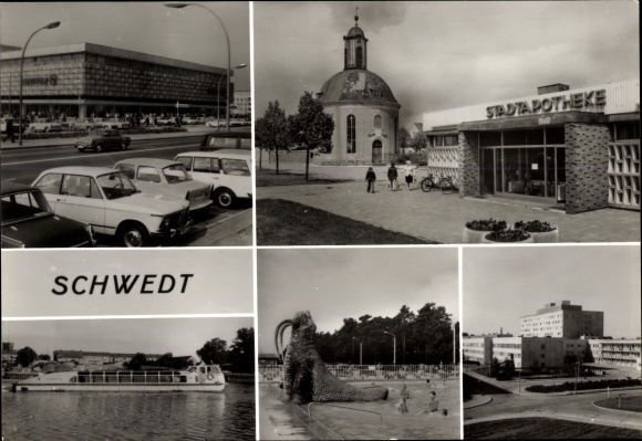 Postcard Schwedt on the Oder, city pharmacy, paddling pool, ship, shopping center