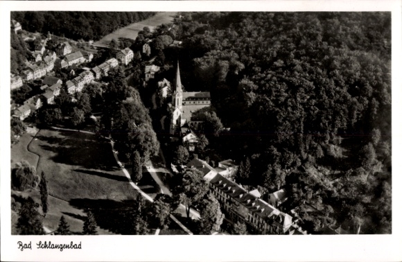 Postcard Schlangenbad in the Taunus Hesse, aerial photograph, church, residential building, forest, park