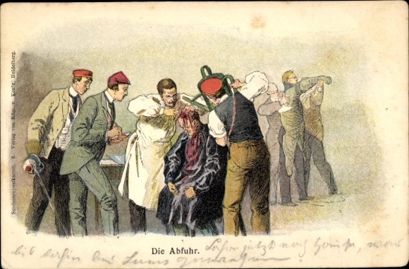 Studentika Chromo-Litho The Rejection, Mensur, Wounded Fencer, Bleeding
