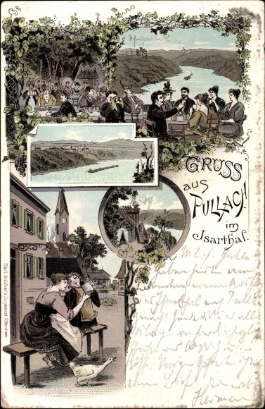 Chromo-Litho Pullach Isar Valley Upper Bavaria, partial views, Munich Kindl, restaurant terrace