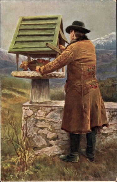 Artist PC Kleinmond, L., Österr. Hungarian folk types, Carniola Veldes, feeding birds, Slovenia