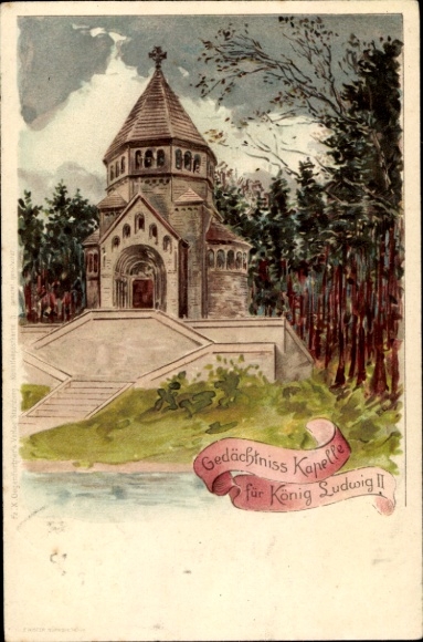 Chromo-Litho Leoni Berg on Lake Starnberg in Upper Bavaria, memorial chapel for King Ludwig II.