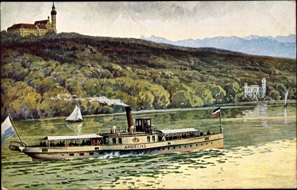 Artist PC Ammersee, view of saloon steamer Andechs, monastery