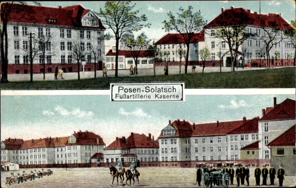 Postcard Sołacz Solatsch Poznań Posen, foot artillery barracks, barracks yard, soldiers at the gun