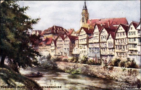 Artist PC Flower, Charles E., Tübingen am Neckar, View from the Neckar Bridge, Tuck