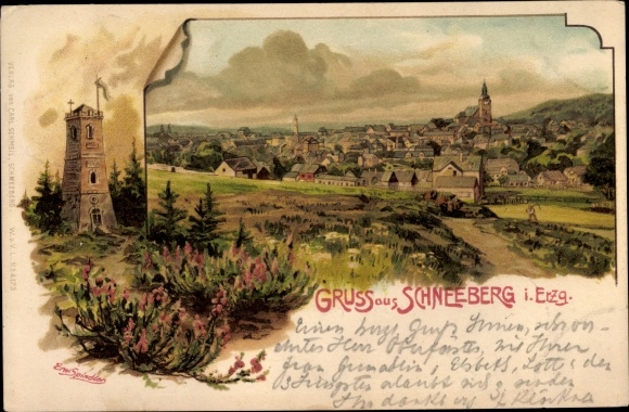 Artist Chromo-Litho Spindler, Erwin, Schneeberg in the Ore Mountains, view of the place