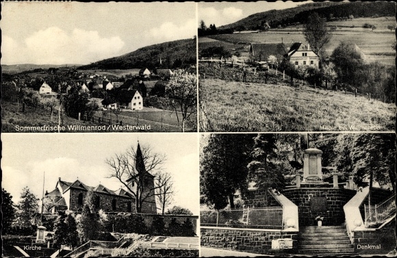 Postcard Willemrod Westerwald, monument, church, mill