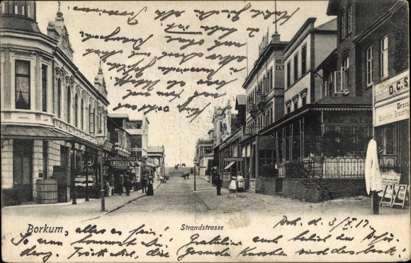 Postcard Borkum, view of Strandstrasse, hairdresser Sievers