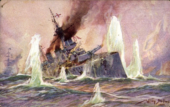 Artist Postcard Stöwer, Willy, Naval Battle North Sea 1915, English Battlecruiser, German Cruisers