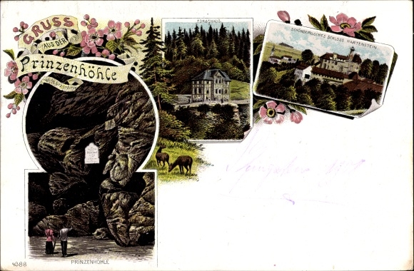 Chromo-Litho Hartenstein in the Erzgebirge of Saxony, Greetings from the Prince&#39;s Cave, Forester&#39;s House, Hartenstein Castle