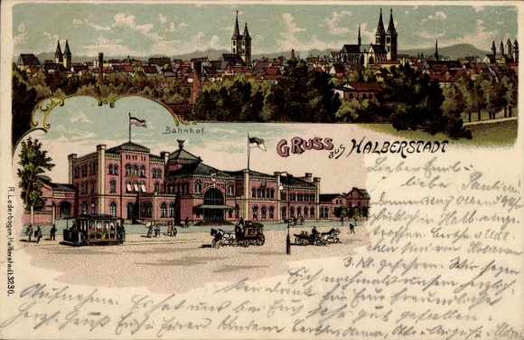 Chromo-Litho Halberstadt am Harz, general view, train station