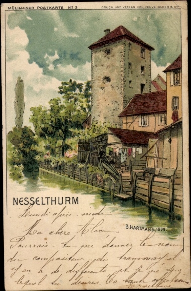 Künstler Litho Hartmann, Mulhouse Mülhausen Elsass Haut Rhin, Nesselturm
