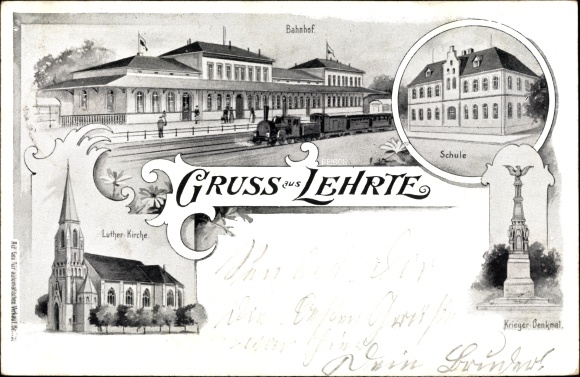 Chromo-Litho Lehrte in Lower Saxony, train station, steam locomotive, school, Luther Church, war memorial