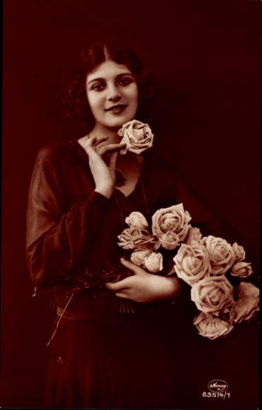 Postcard portrait of a young woman with a bouquet of flowers