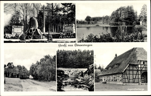 Postcard Hösseringen Suderburg Lower Saxony, memorial, village pond, source, youth hostel