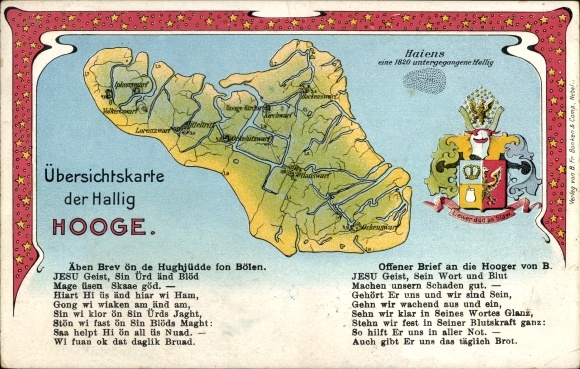 Gedicht Ak Hallig Hooge in Nordfriesland, Übersichtskarte, Wappen