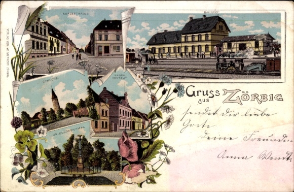 litho Zörbig in Anhalt, treinstation, kasteel, oorlogsmonument, postkantoor