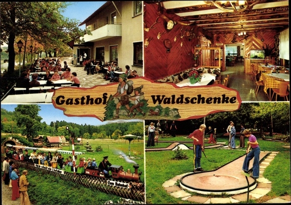 Postcard Schömberg near Balingen Zollernalbkreis, forest tavern at the reservoir, miniature railway, mini golf