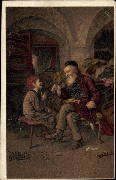 Judaica artist Postcard Knauss, Wisdom of Solomon, old man with baton and boy