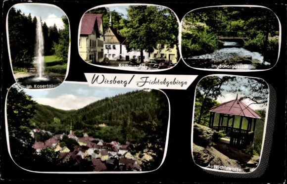 Postcard Wirsberg in the Fichtelgebirge, partial view, lookout tower, town hall square