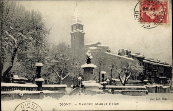PC Digne les Bains Alpes de Haute Provence, Gassendi statue, snowy surroundings, church in the background