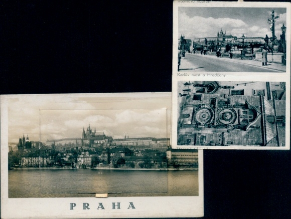 Leporello Postcard Praha Prague Czech Republic, general view, Charles Bridge, Town Hall Clock