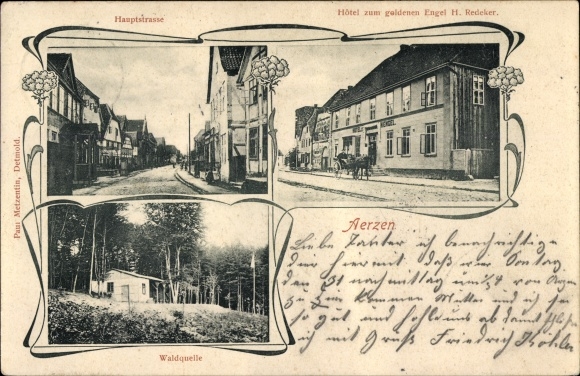 Passepartout PC Aerzen in the Weserbergland, Hotel zum goldenen Engel, forest source, main street