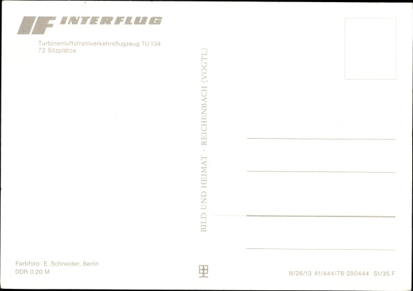 Postcard Tupolev TU-134, Interflug, turbine jet airliner, passenger plane, DM SCG
