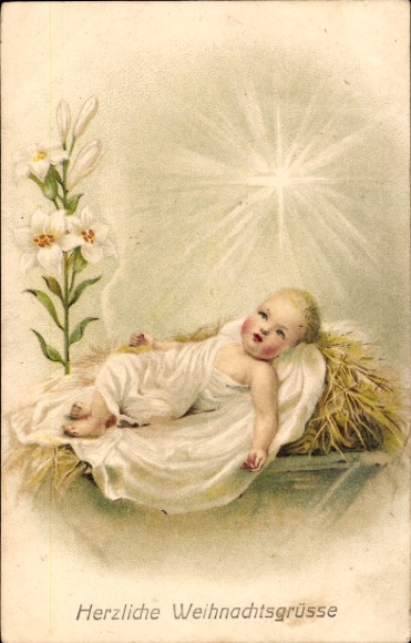 Ak Frohe Weihnachten, Jesuskind in Krippe, Lilien