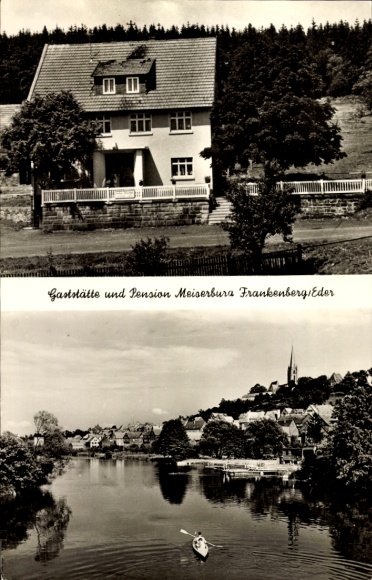 Postcard Frankenberg an der Eder Hessen, Restaurant and Pension Meiserburg, partial view of the town